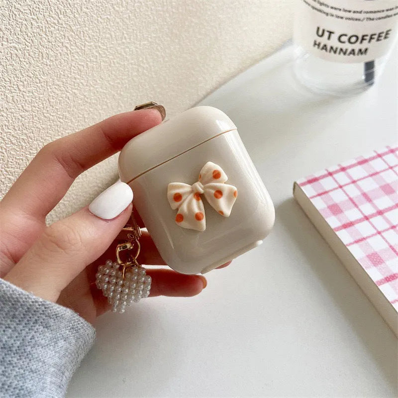 3D bow pearl checkerboard AirPods case cover in black or apricot TPU, handmade clamshell sleeve
