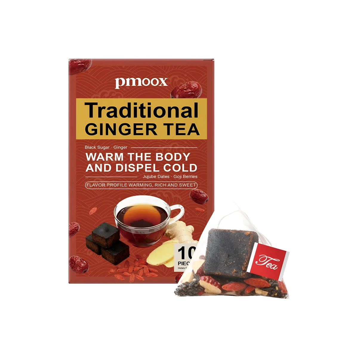 Traditional ginger tea pieces with dried ginger, red dates, medlar and brown sugar, 10 piece pack