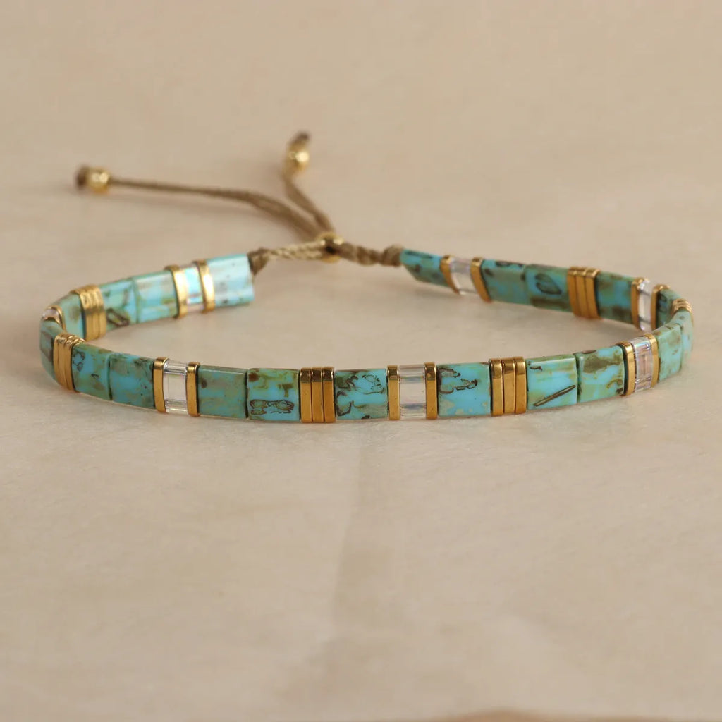 European American style pull bead bracelet with geometric designs in five colour options