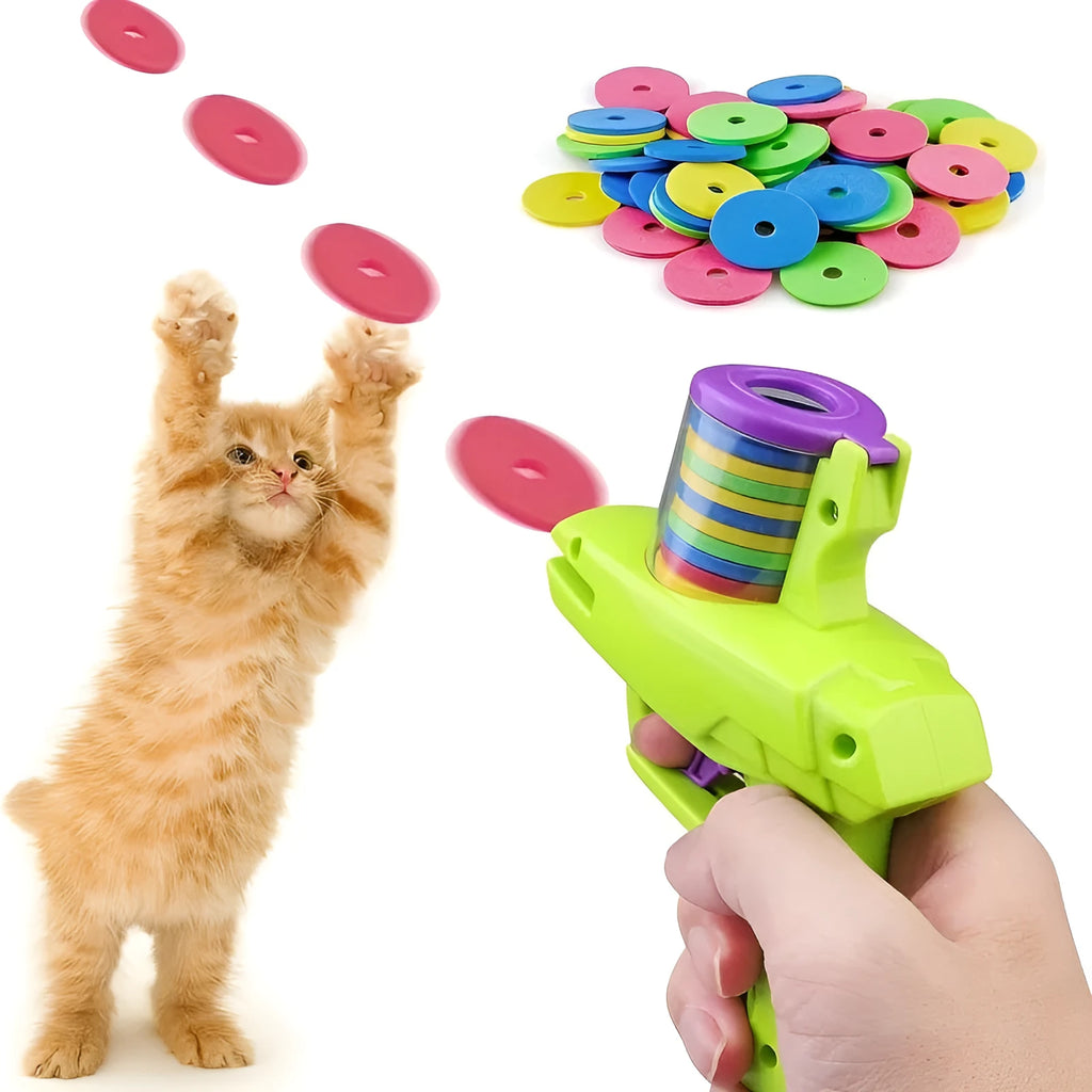 Interactive cat toy launcher with foam discs in green and purple colour options
