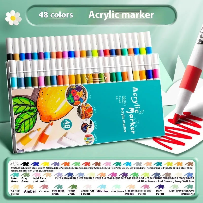 Boxed set of acrylic marker pens showing multiple colour options from 12 to 80 colour selections
