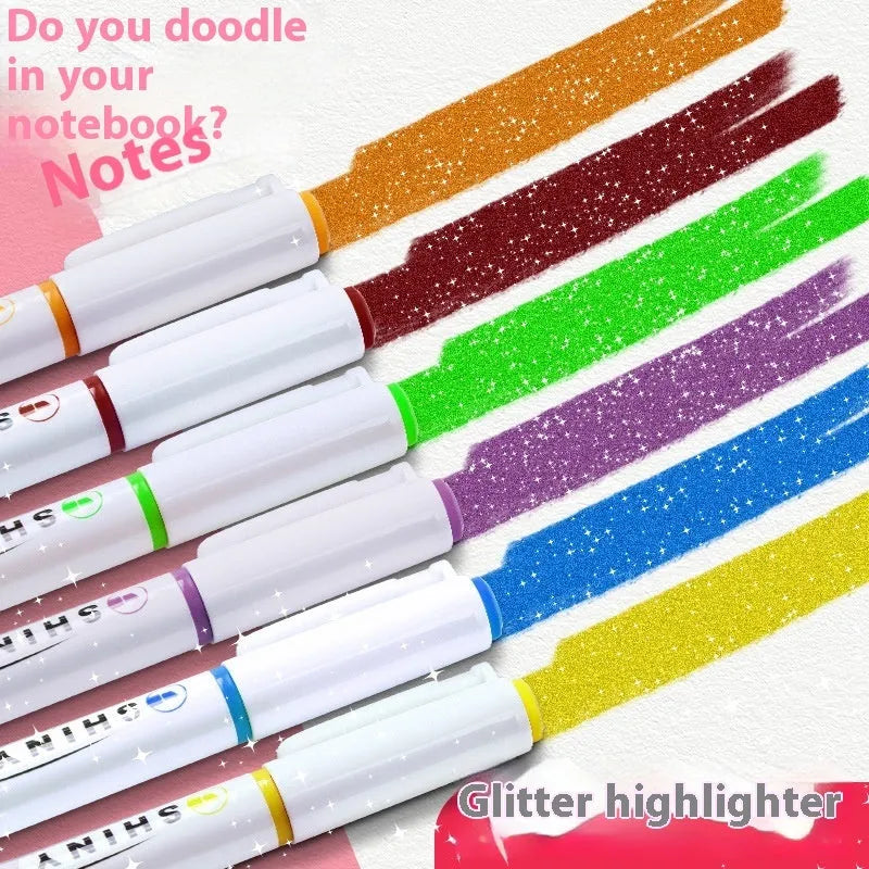 Four glitter fluorescent highlighter pens with slanted tips in six glitter ink colours