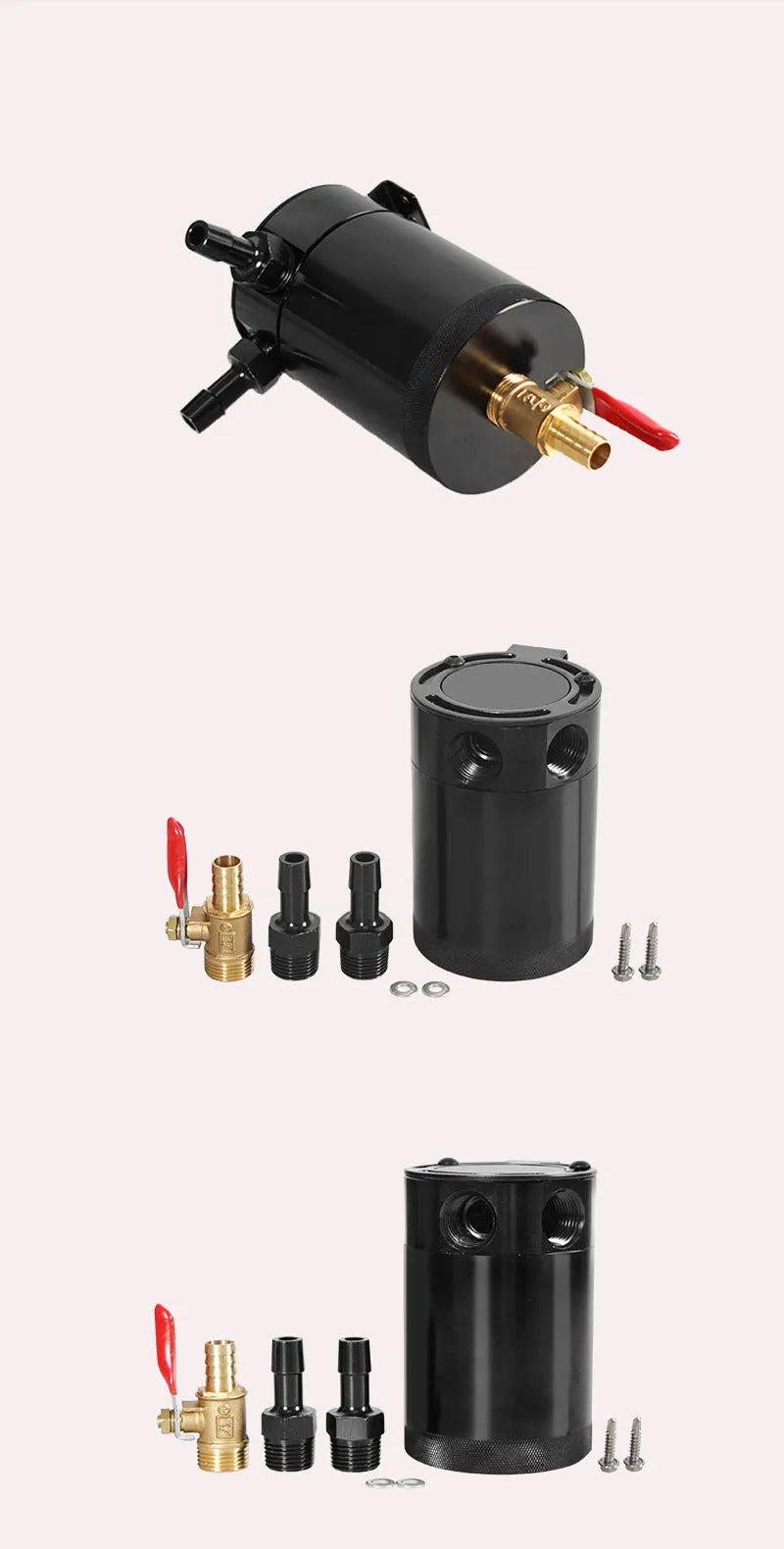 Black aluminium automotive oil pot with oil-free valve and two connector fittings