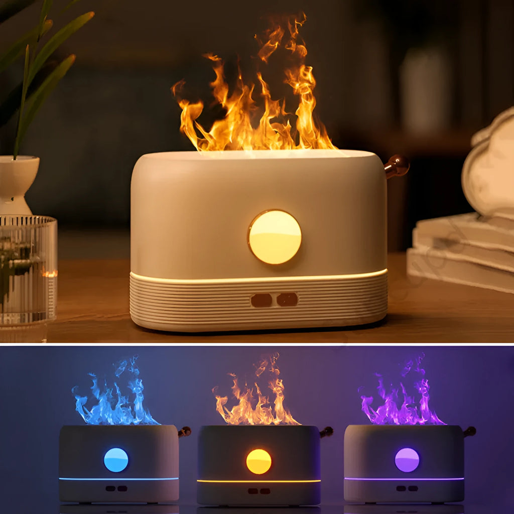 Black USB desktop humidifier with glowing simulated flame effect and water mist output.