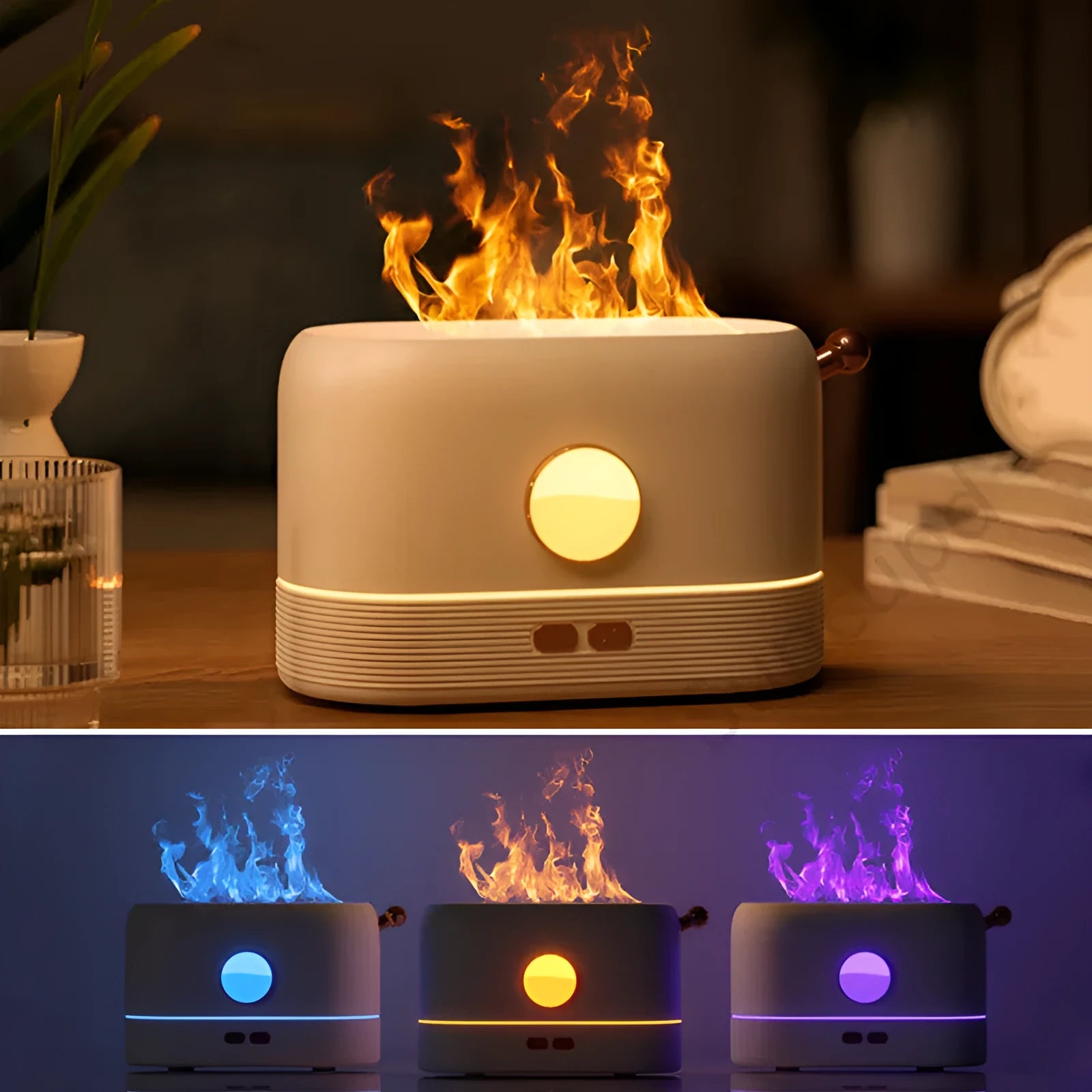 Black USB desktop humidifier with glowing simulated flame effect and water mist output.