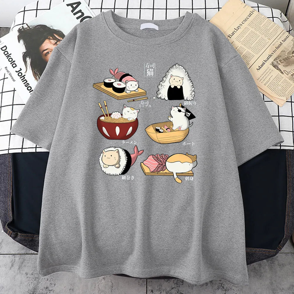 Men's grey Cat Sushi cartoon graphic printed on a loose-fit cotton short-sleeve T-shirt.