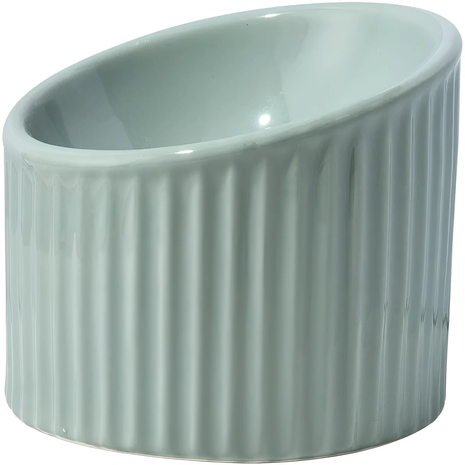 Elevated ceramic cat bowl in green, shown at a tilted angle to highlight its raised base and round feeding dish.