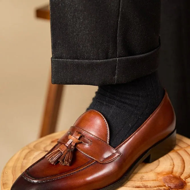 Black and brown genuine leather tassel loafers for business casual wear