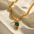 Gold geometric emerald zircon pendant necklace on Cuban link chain