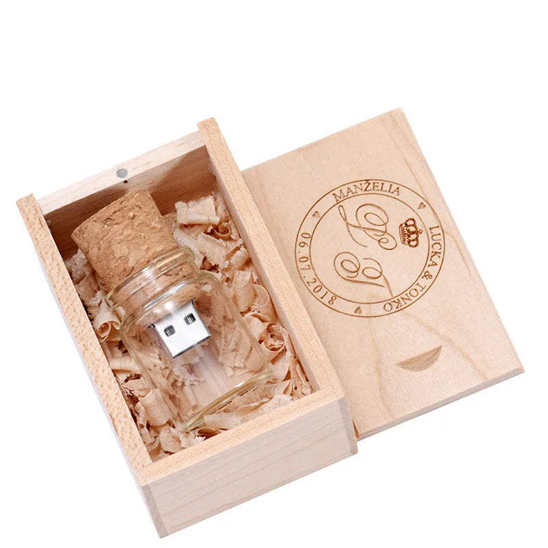 Personalised wood lettering USB storage disk with drift bottle design in chocolate brown colour