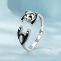 Adjustable sterling silver ring with panda design and white gold plating