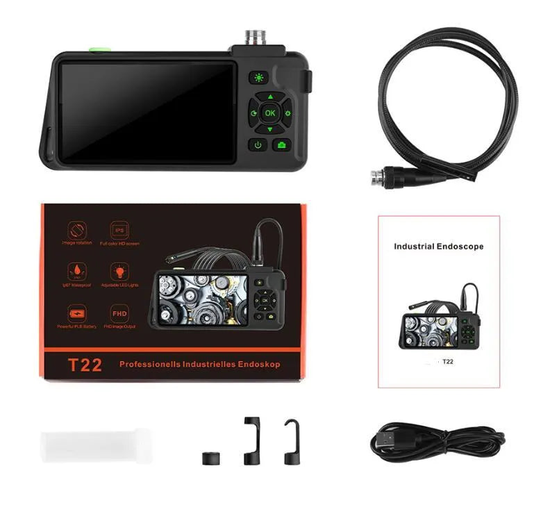 Handheld industrial endoscope with 4.5-inch screen and 5.5mm dual lens probe for automotive inspection