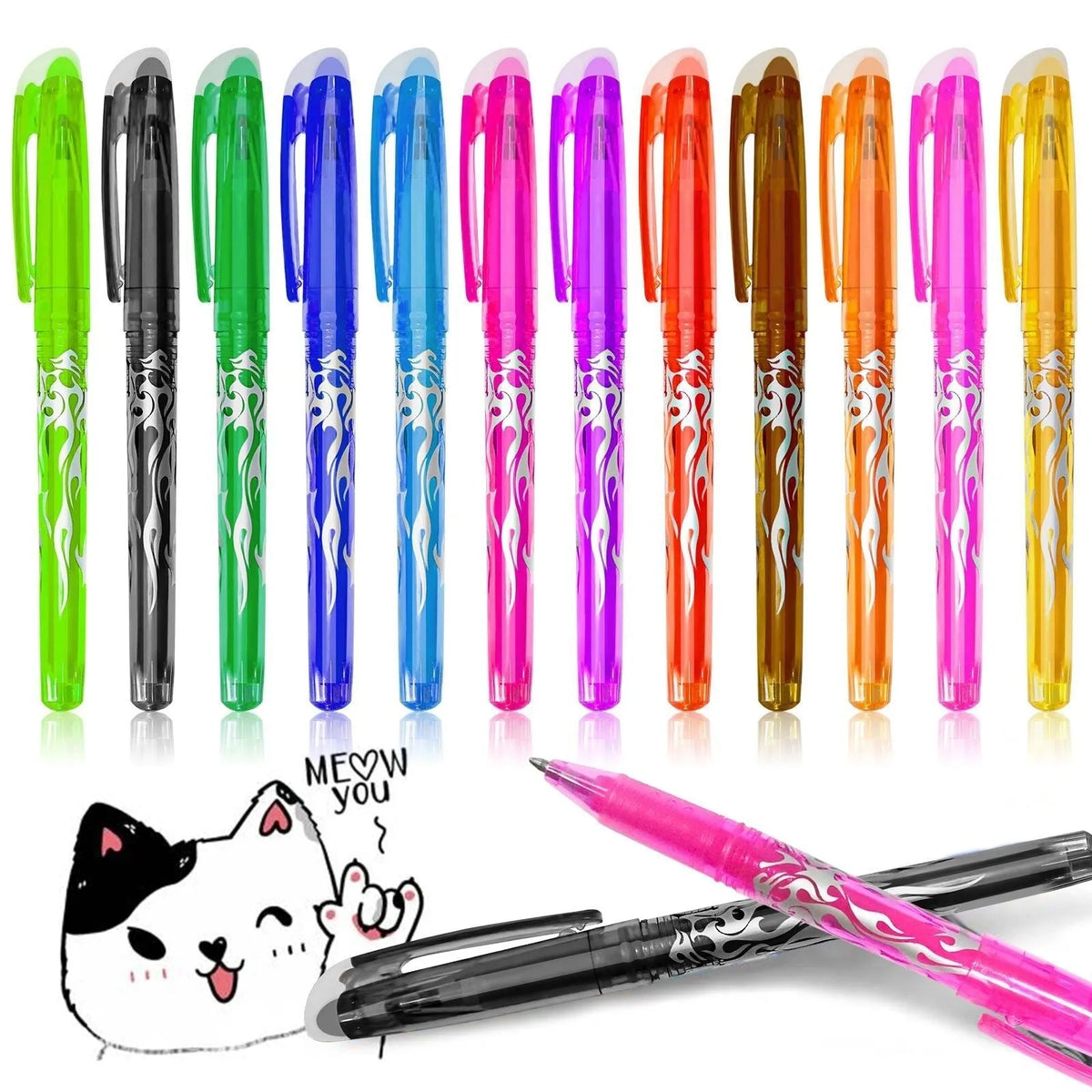 Pack of multi-colour hot erasable gel pens with plastic bodies and stainless steel nibs.