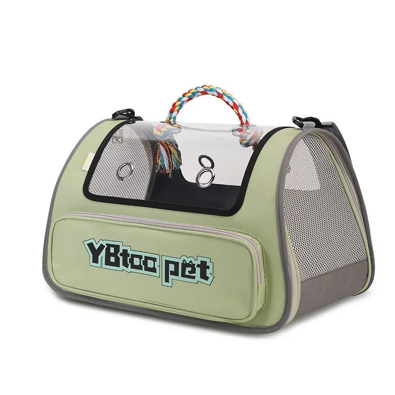 Foldable Oxford cloth pet bag with transparent visual panel, large capacity, in blue, pink, grey or green with random strap