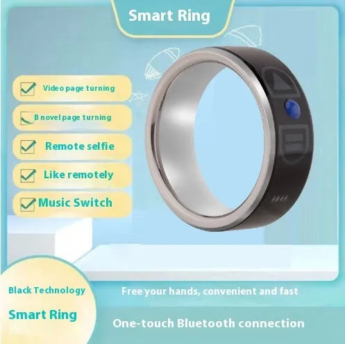 Smart Bluetooth ring wearable device, waterproof, finger circumference 5.2-7.5cm, compatible with iPhone and Android.