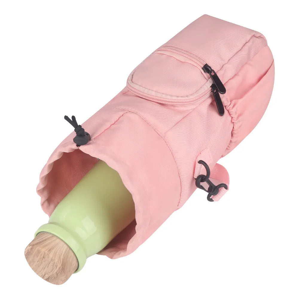 Cloth water bottle crossbody shoulder bag in black, green or pink colours with adjustable strap