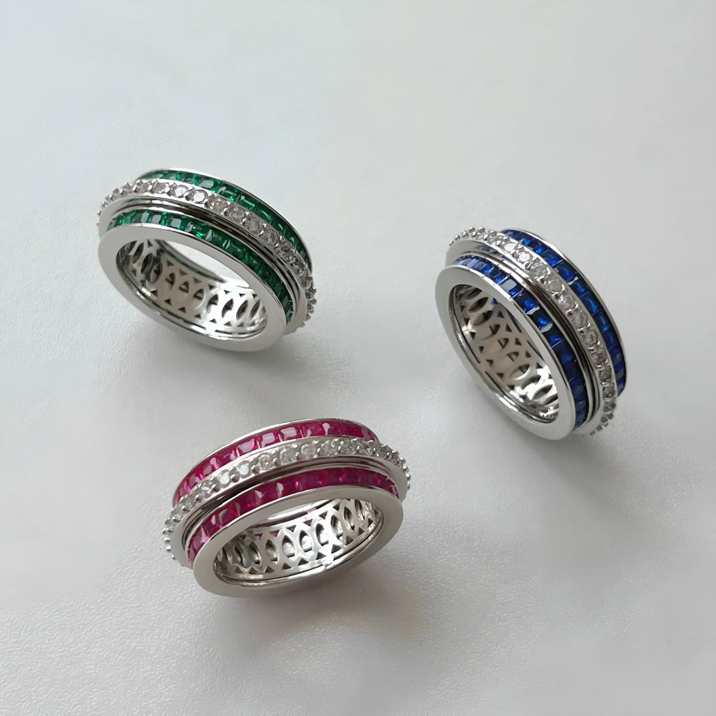 Rotary decompression S925 sterling silver diamond inlaid ring for women, geometric shape, blue colour option