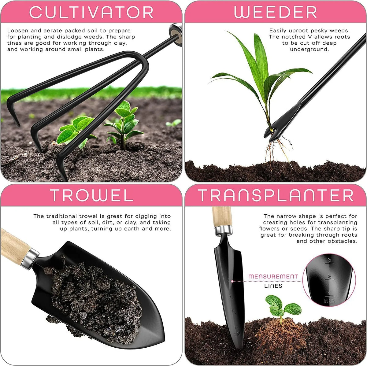 Stainless steel gardening tools set comprising 8 pieces for various garden maintenance tasks
