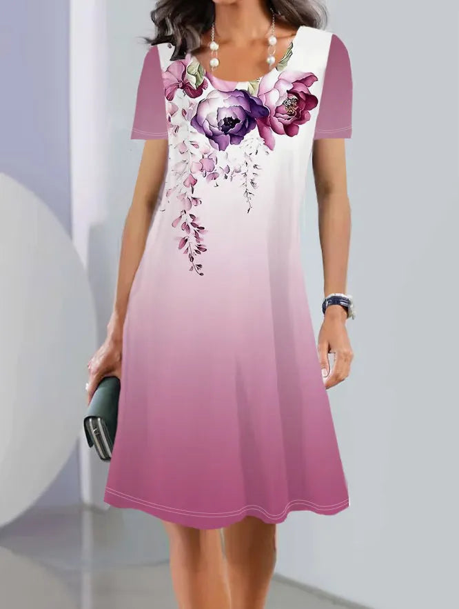 Women's floral print ice silk summer dress with short sleeves and A-line midi skirt.