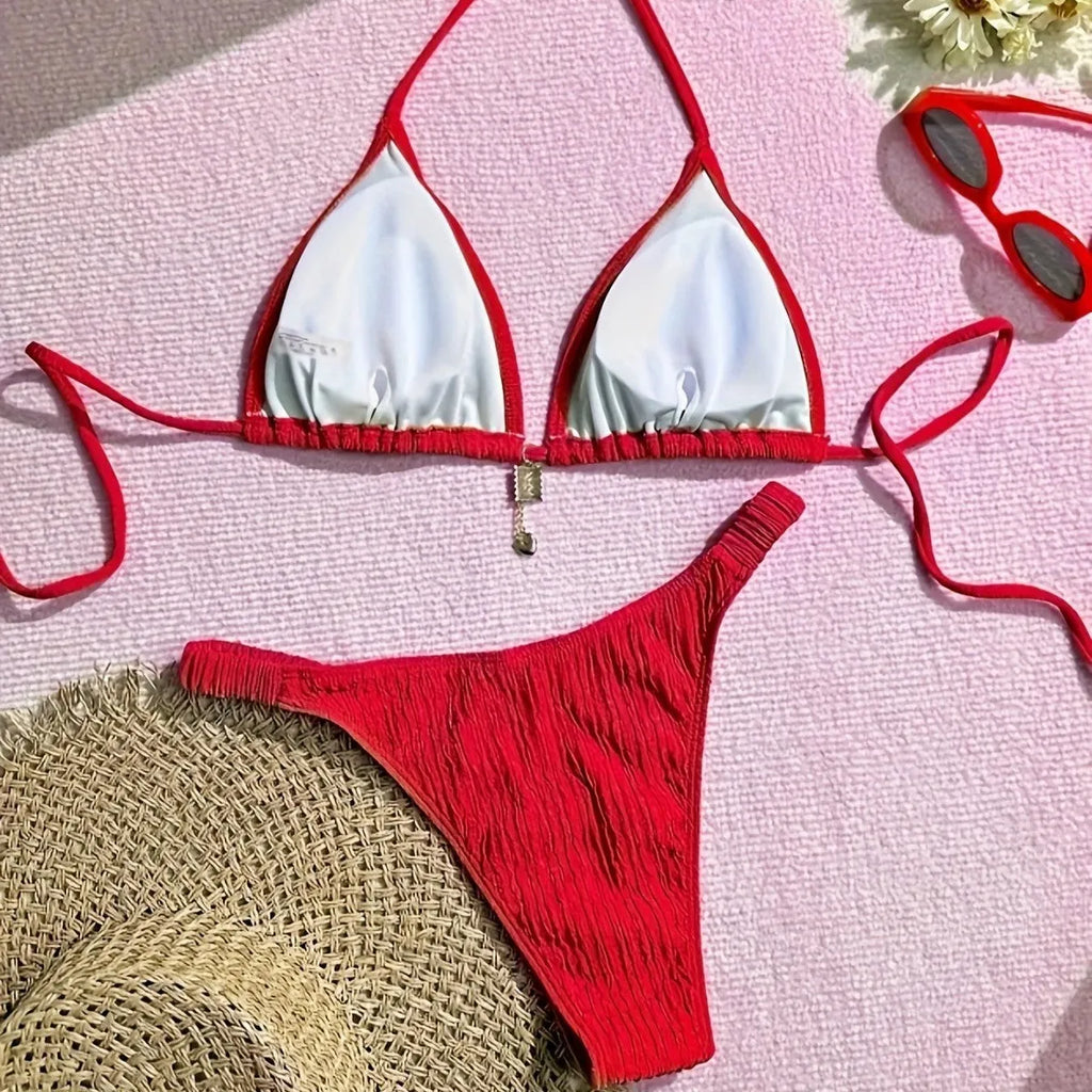 Red high waisted bikini set with tied split front and pleated detail, polyester nylon, sizes S to XL