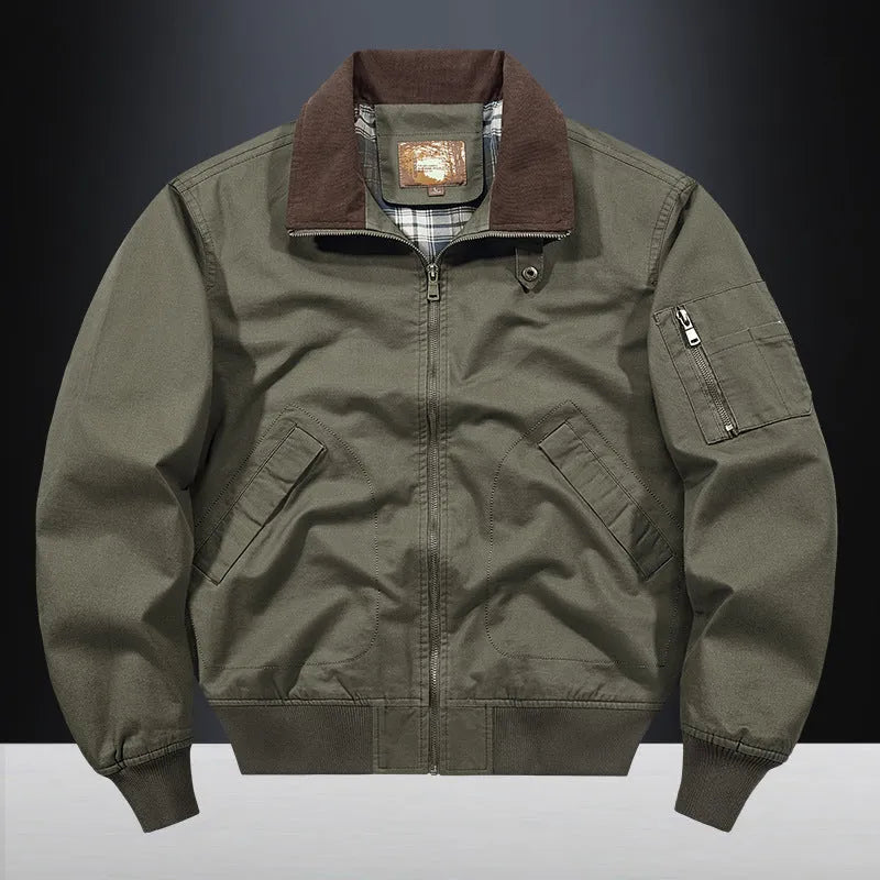 Men's plus size washed cotton baseball flight jacket in Army Green colour, showing front design.