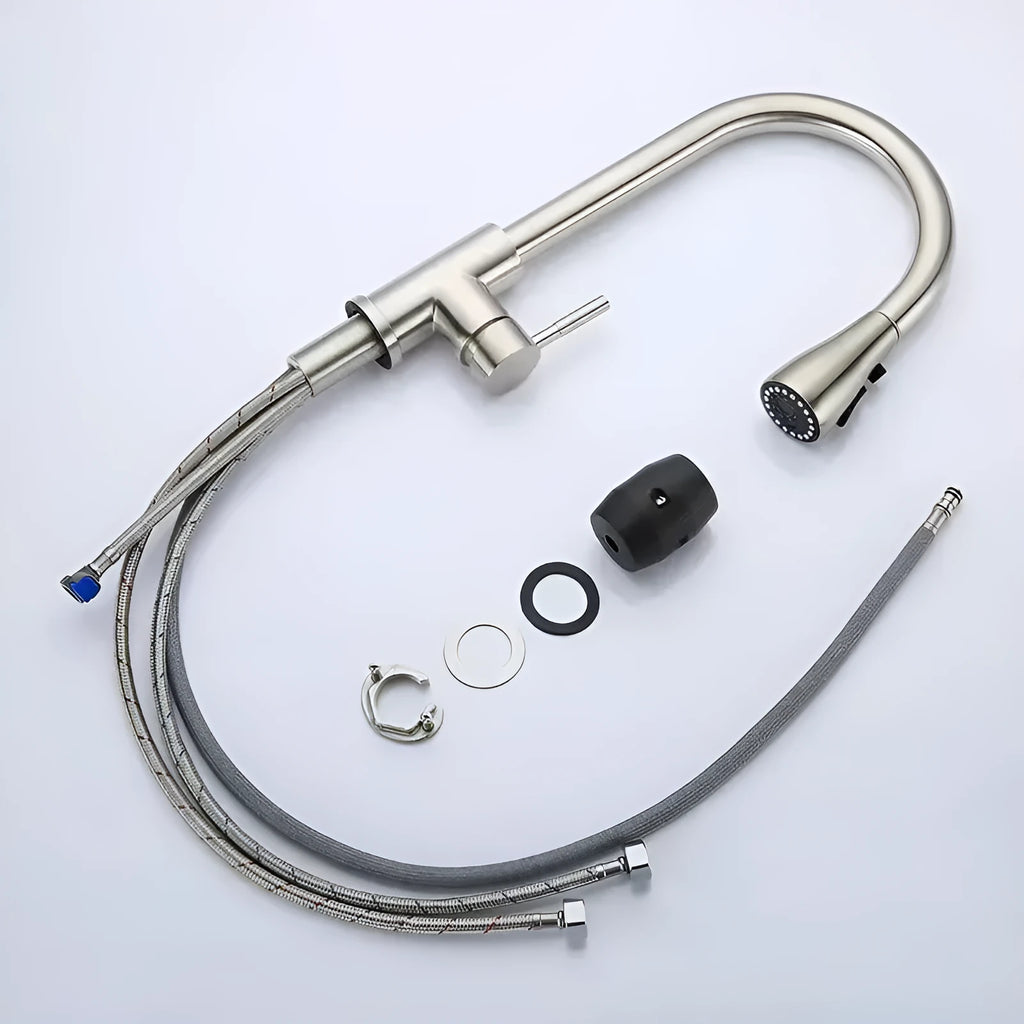 Stainless steel pull-out kitchen faucet with dual-mode spray and 60cm inlet pipe, available in brushed or black finish