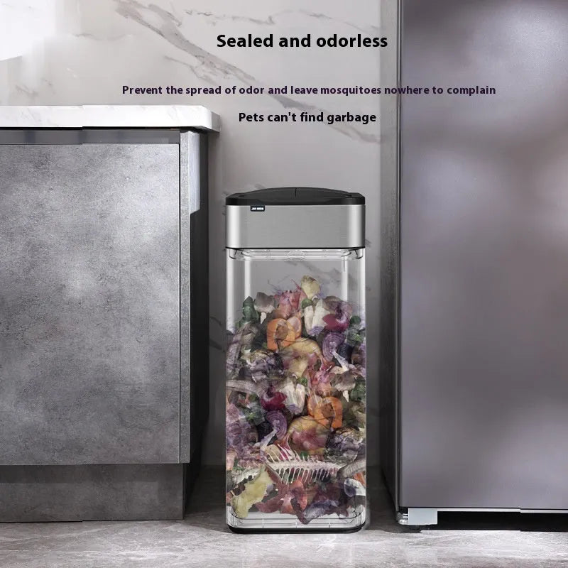 Stainless steel inductive smart trash can with deodoriser in a square shape, shown in a kitchen setting.