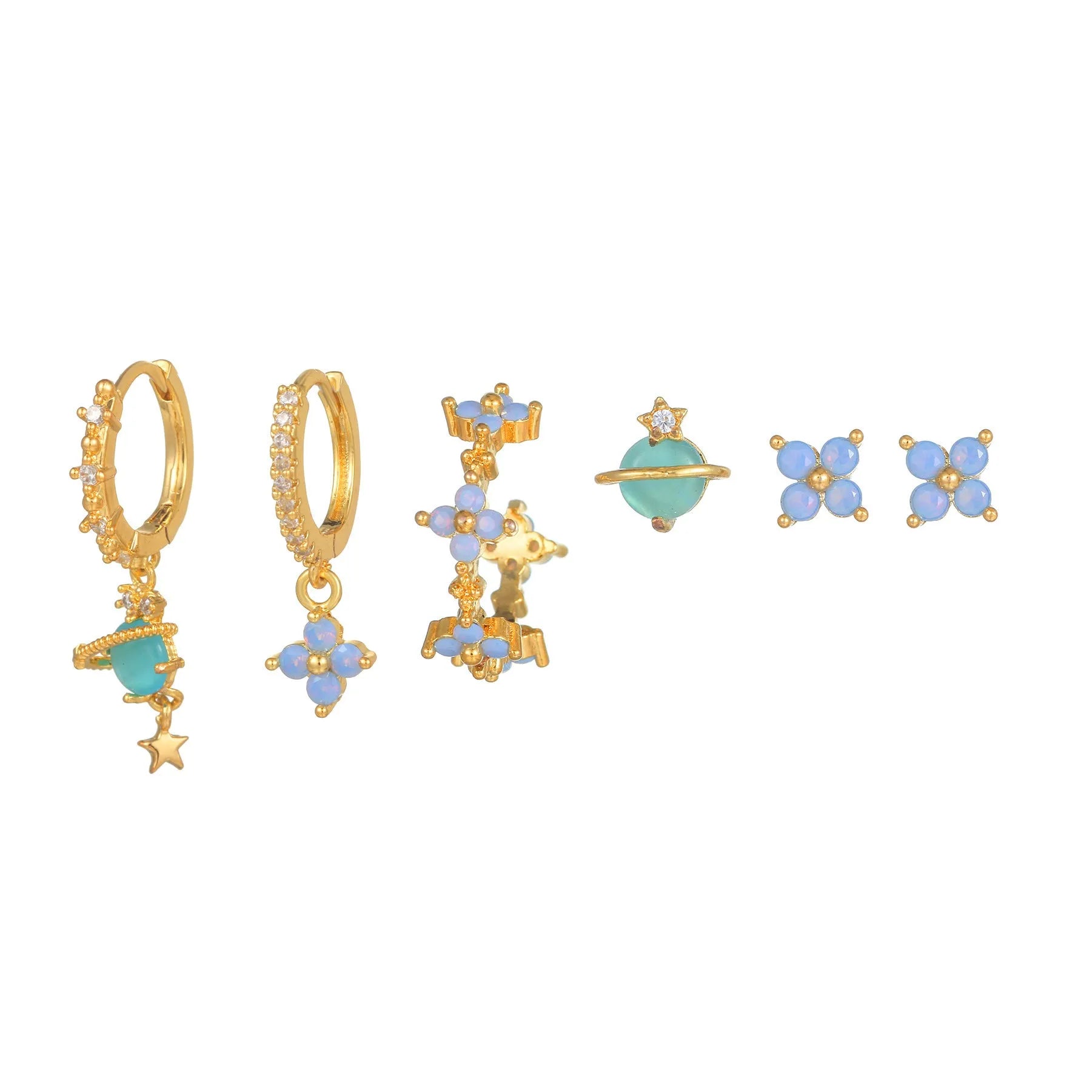 Gold and silver flower nail design ear studs with zircon mosaic accents in Japanese Korean style