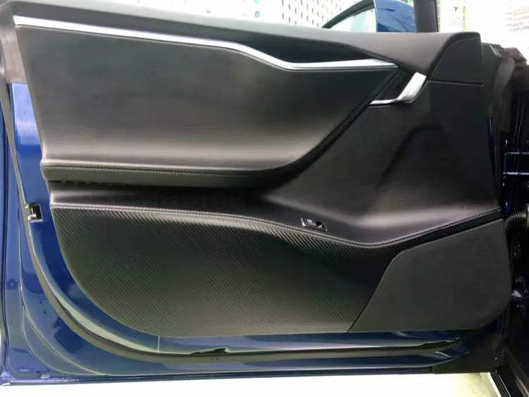 Carbon fiber anti scratch protective film applied to Model S front and rear door internal control panels