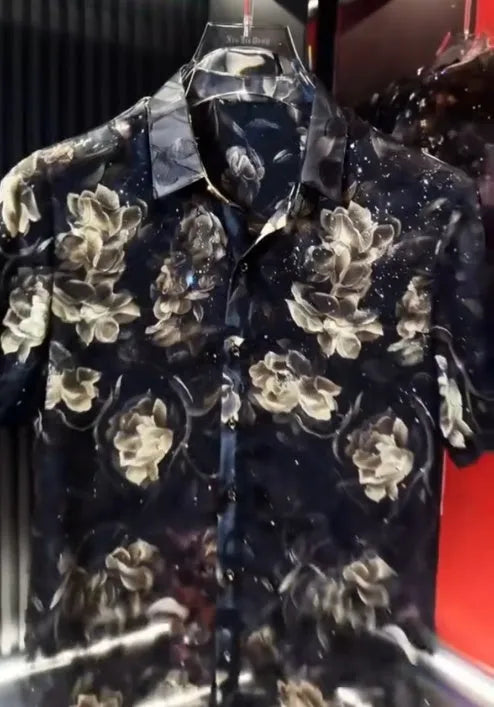 Men's black short sleeve sequin shirt in sizes S to 4XL for summer party and festival wear