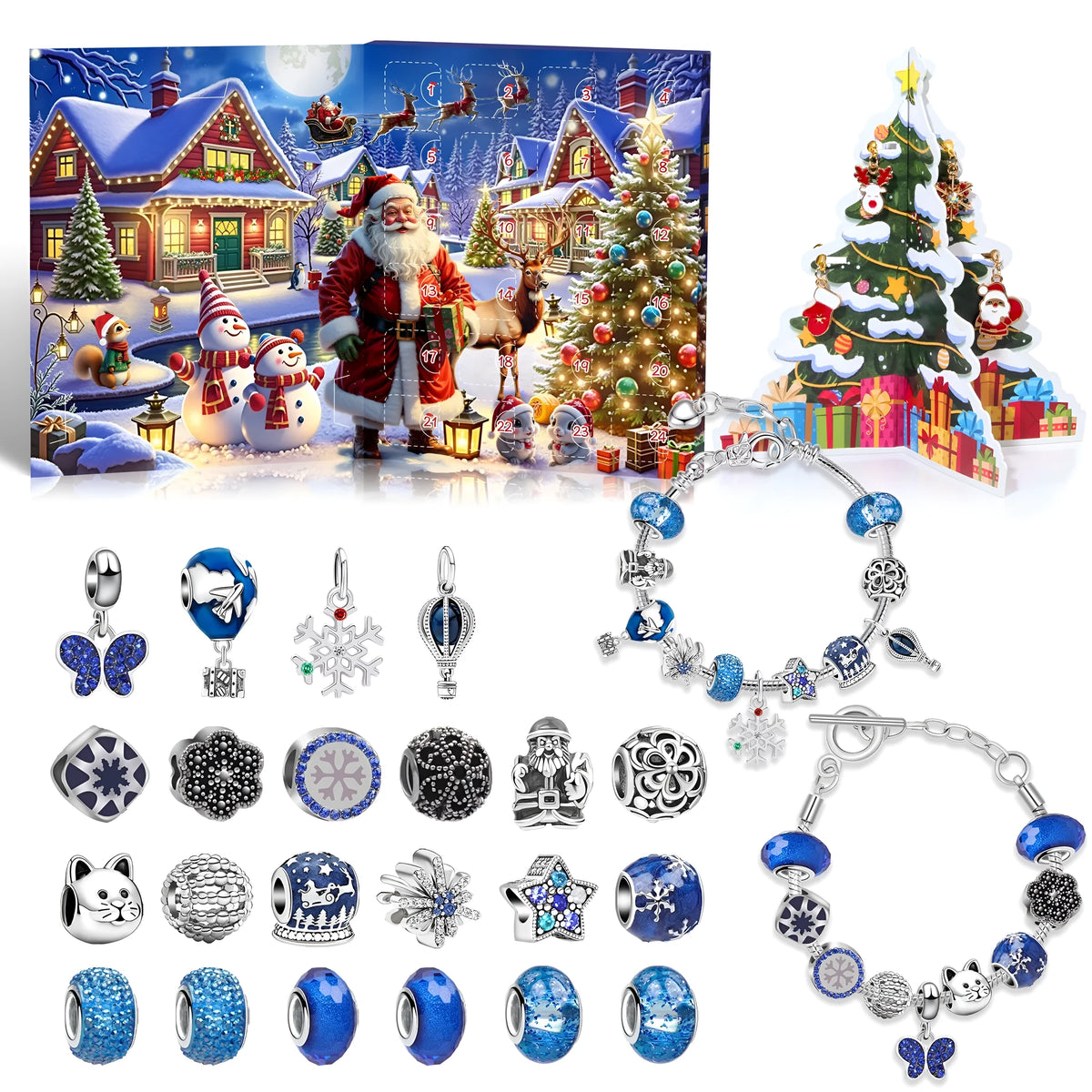 24 grid Christmas advent calendar countdown set with zinc alloy bracelet blind box in blue colourways