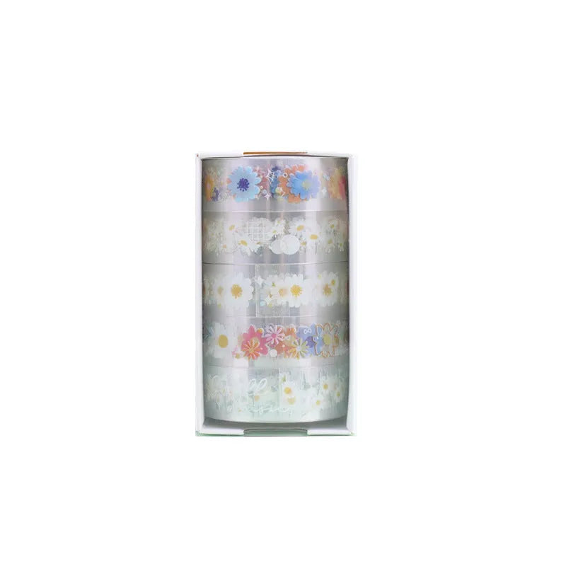 Five rolls of transparent decorative washi tape with Midsummer Daisy pattern, each 1.5cm wide
