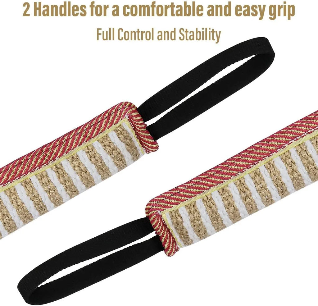 Beige and pink jute dog tug toy with two handles for interactive play