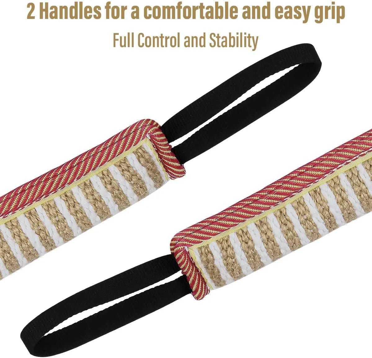Beige and pink jute dog tug toy with two handles for interactive play