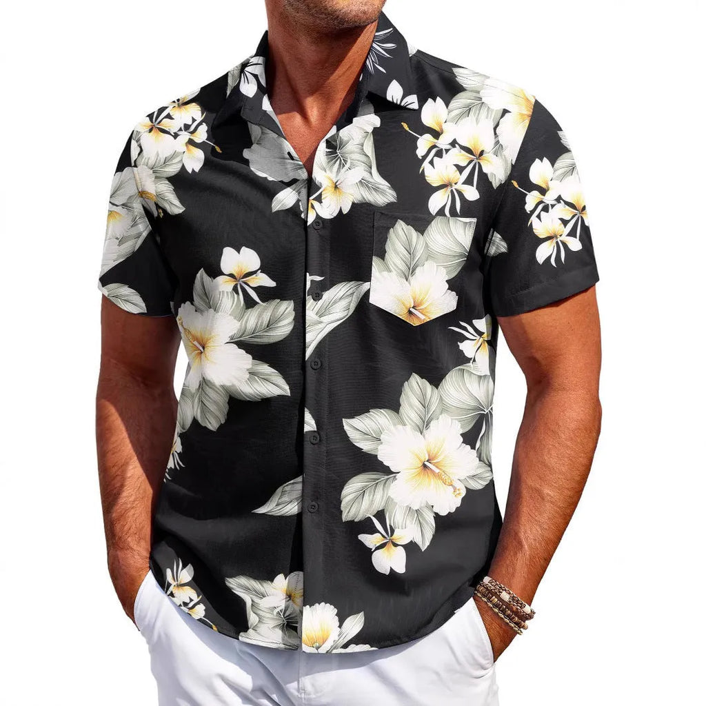Men's slim fit Hawaiian short sleeve shirt in solid colour with cardigan styling