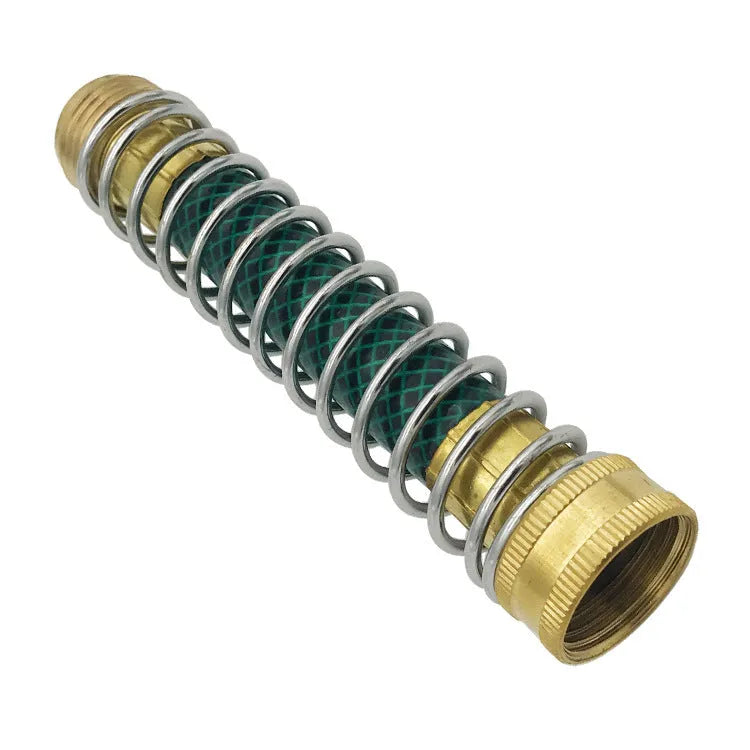 Brass garden hose connector with steel anti-kink spring measuring 15cm
