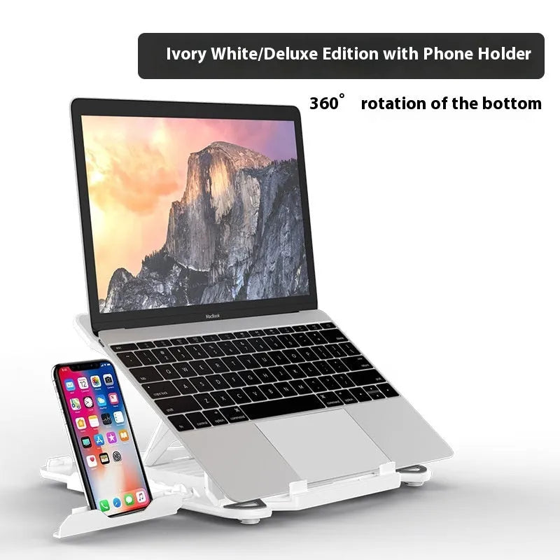 Black and white laptop bracket stand on a desk, showing its 300mm by 200mm size and low profile.