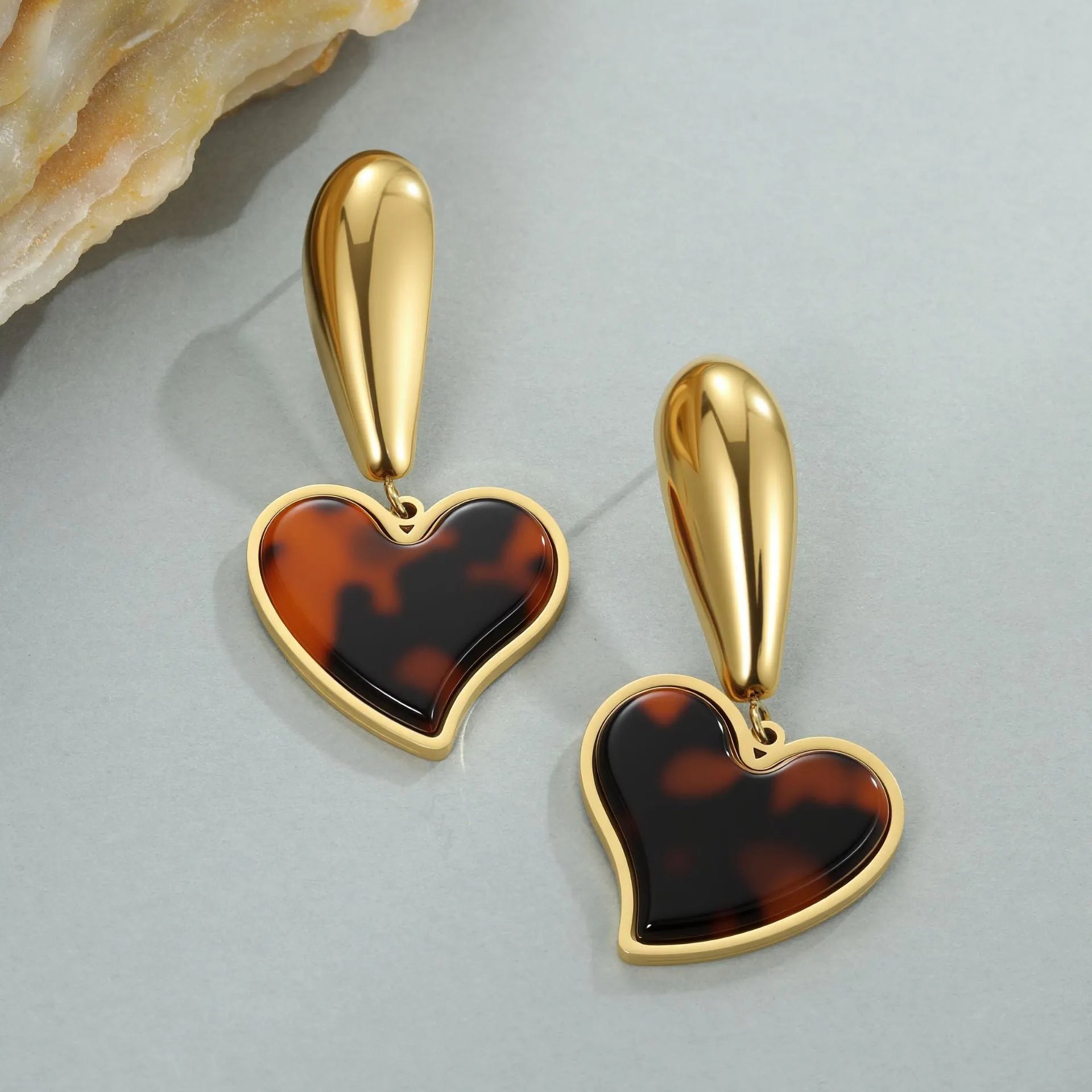 Tortoiseshell resin hawksbill colour 18K stainless steel geometric earrings in heart or flower designs