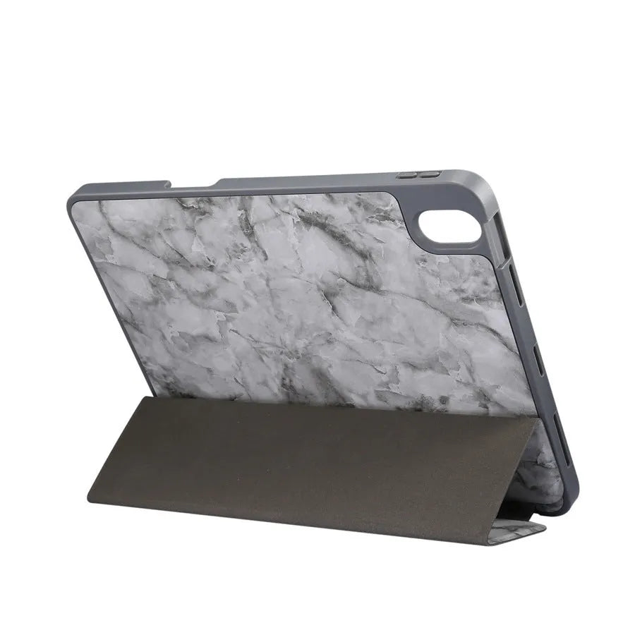 Tri-fold marbling pattern iPad leather case in dark grey with a visible stylus pen slot.