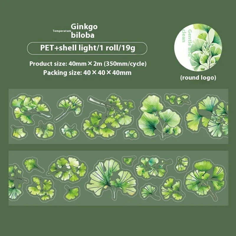 Deciduous Poetry series decorative sticker roll with six leaf patterns including ginkgo and maple designs