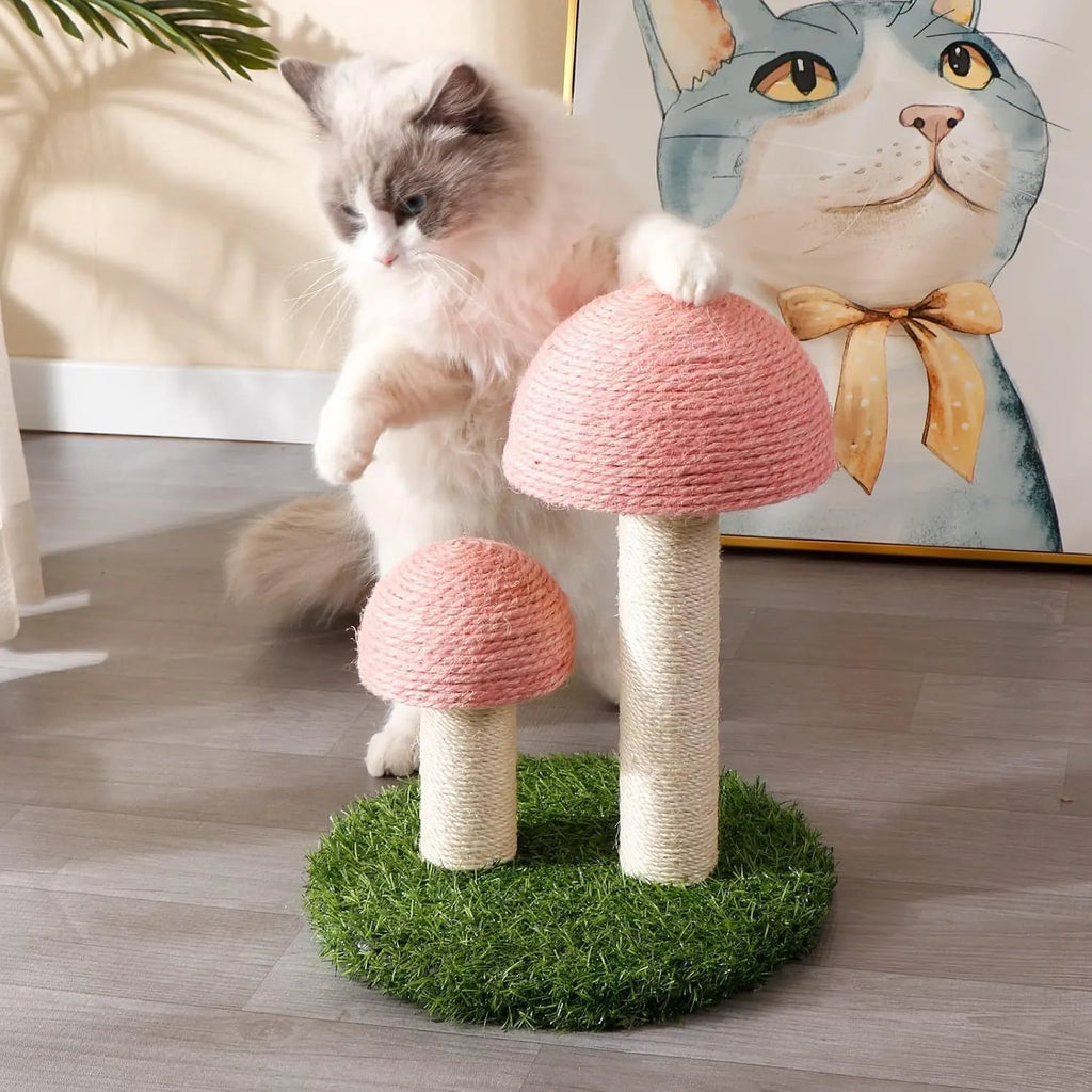Pink mushroom-shaped cat scratching post with natural sisal scratching surfaces for kittens.