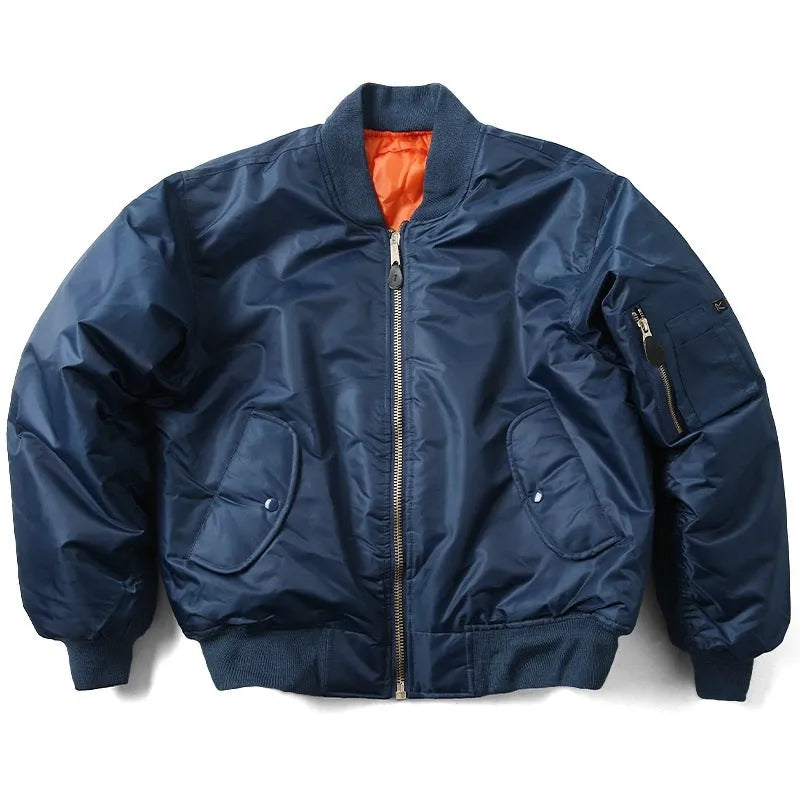 Men's army green cotton-padded pilot jacket with a loose fit and zipper front.