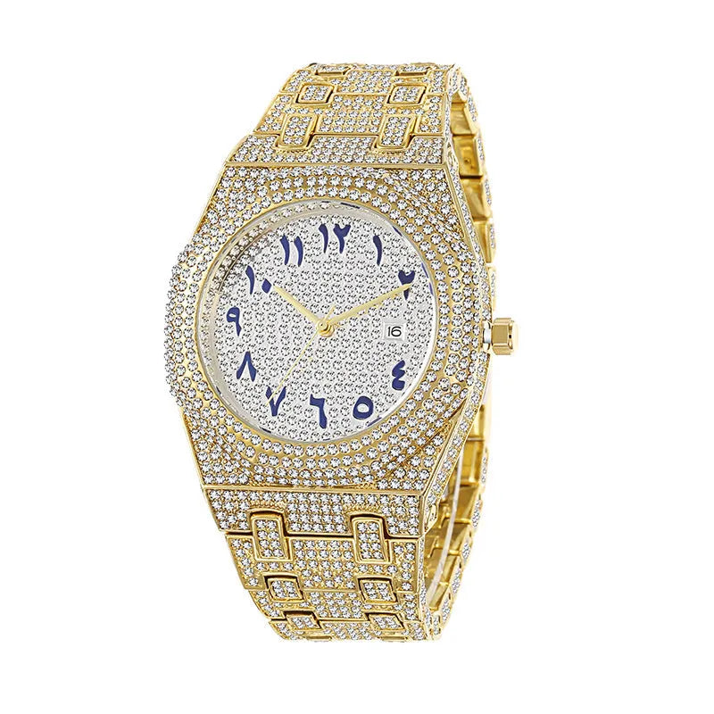 Men's hip hop quartz watch with full diamond Arabic scale, 12mm thick, gold or silver plated strap and stainless steel buckle