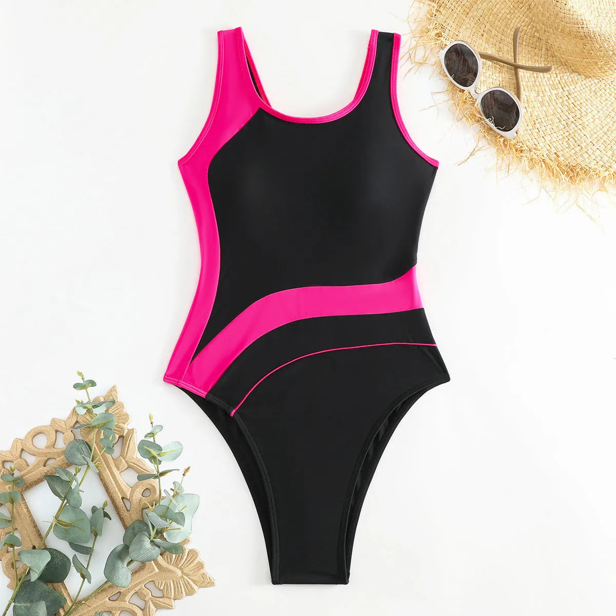 Women's one-piece swimsuit in solid colour, high waist, sleeveless, nylon fabric, available in black, orange, pink, royal blue.