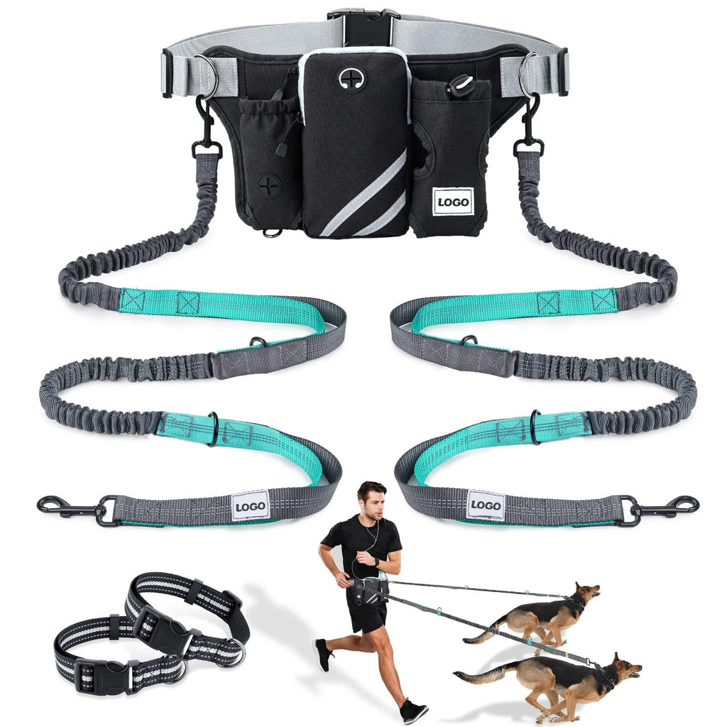 Black nylon outdoor dog walking set with waist bag, leash and collar for waterproof pet training