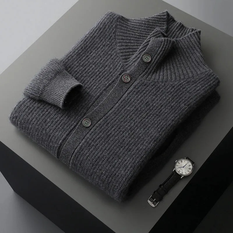 Men's loose fit stand collar cardigan in solid olive green, thickened knit daily outerwear