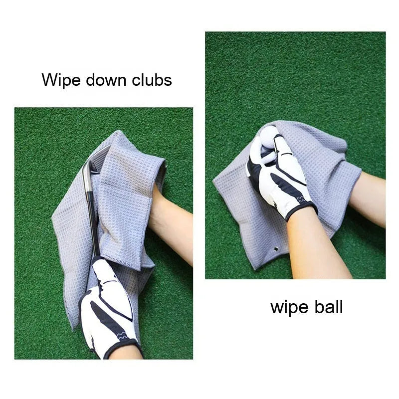Waffle weave golf ball cleaning cloth in blue, showing textured surface and rectangular shape.