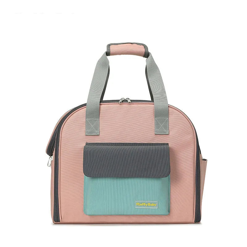Foldable pull-rod pet backpack in nylon, 50-60L capacity, medium hard shell, shown in grey, pink, or khaki