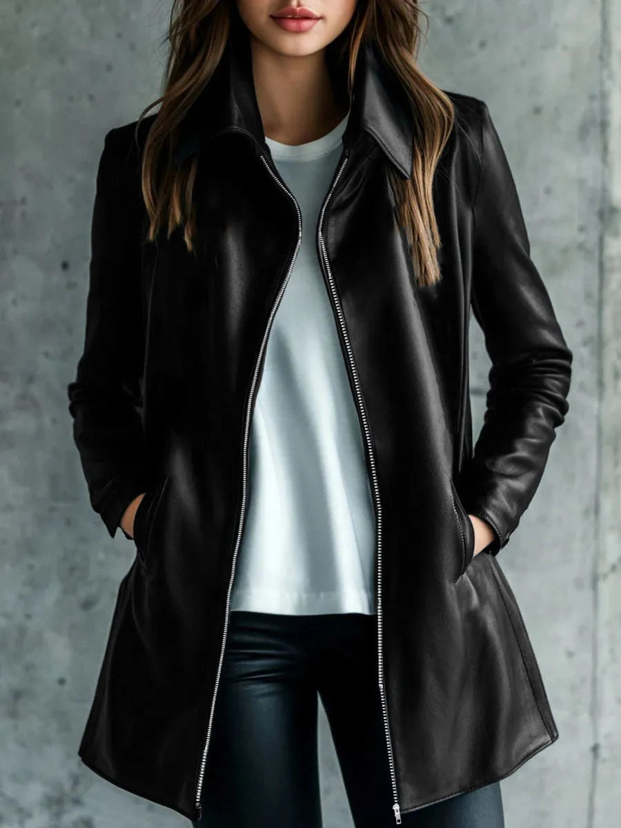 Women's black polyester leather jacket with medium length cut and long sleeves