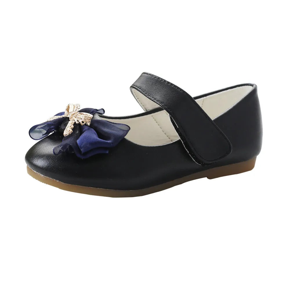 Bowknot PU leather children's shoes with Velcro closure and beef tendon sole, available in pink, beige, gray, and black, sizes 19-35.